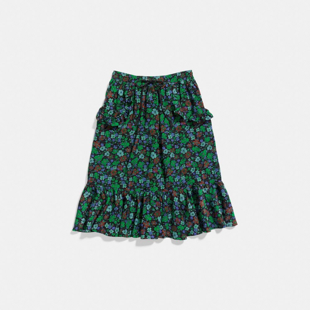 COACH®,DAISY PRINT RUFFLE SKIRT,Mixed Material,BLACK/GREEN,Front View