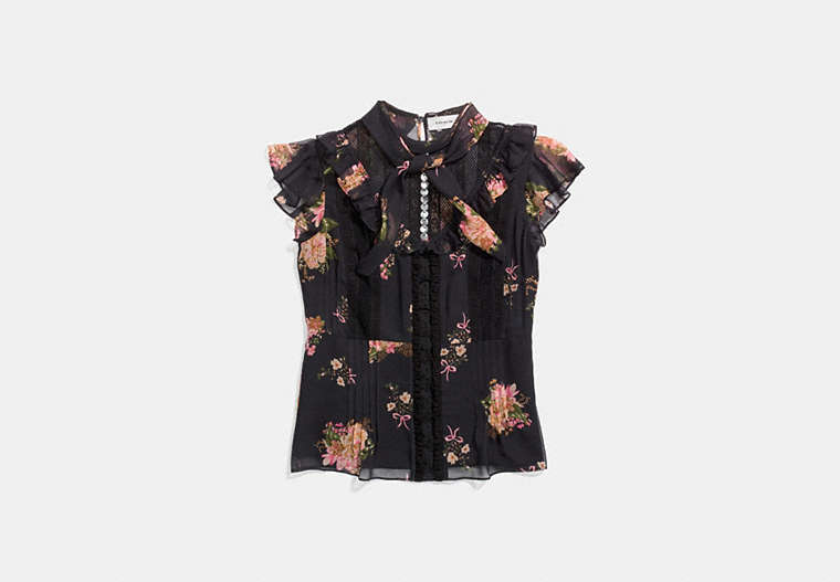 COACH®,LACEWORK WESTERN BLOUSE,Mixed Material,Black,Front View