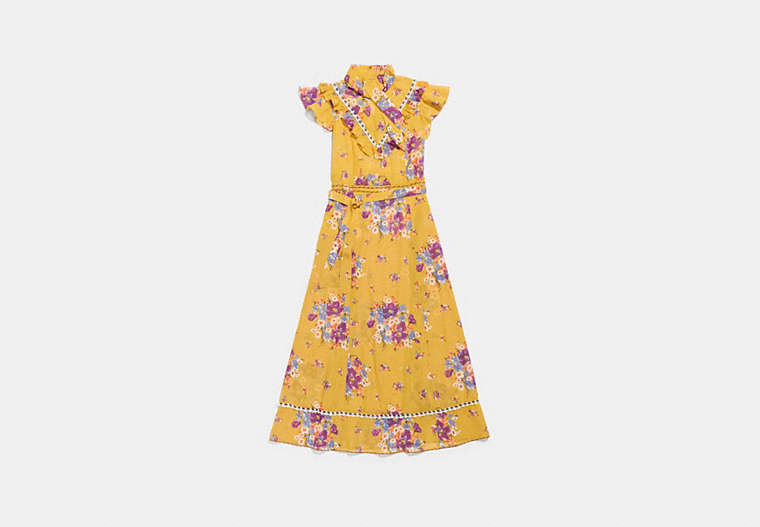COACH®,DAISY BOUQUET SLEEVELESS WESTERN DRESS WITH NECKTIE,Mixed Material,MUSTARD,Front View