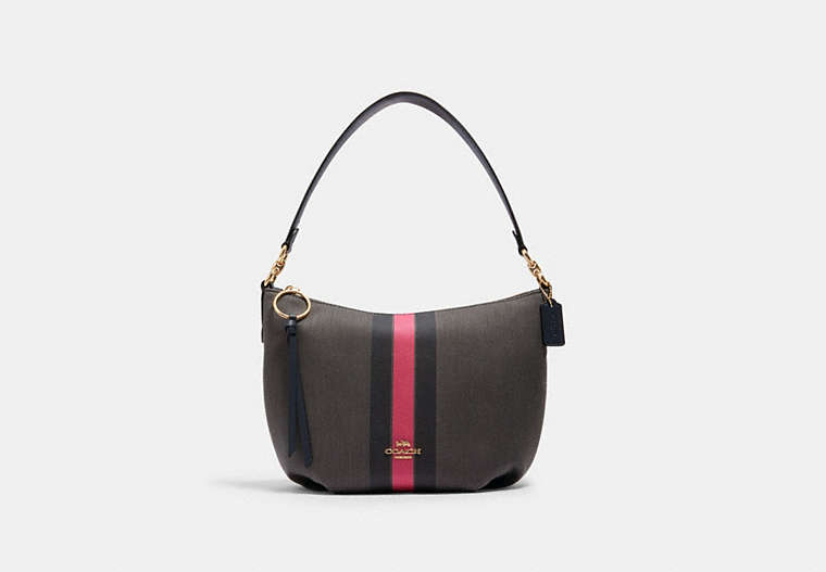 COACH®,SMALL SKYLAR HOBO WITH VARSITY STRIPE,n/a,Medium,Gold/Black/ Electric Pink,Front View
