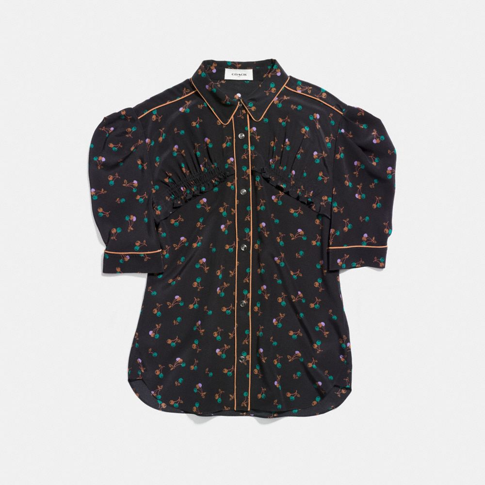 COACH®,GATHERED FRONT SHIRT,Silk,Black,Front View image number 0