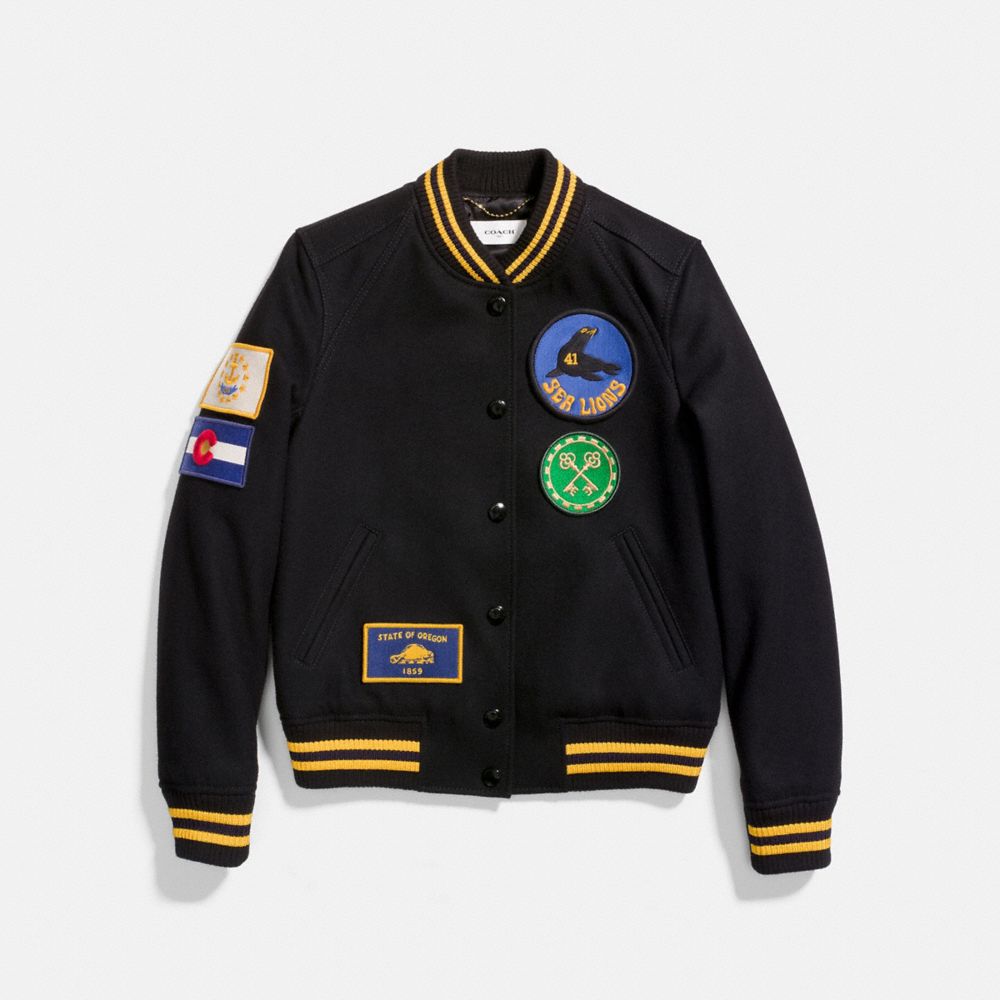 COACH®,MILITARY PATCH VARSITY JACKET,wool,Black,Front View