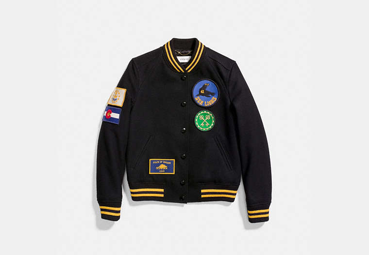 COACH®,MILITARY PATCH VARSITY JACKET,wool,Black,Front View
