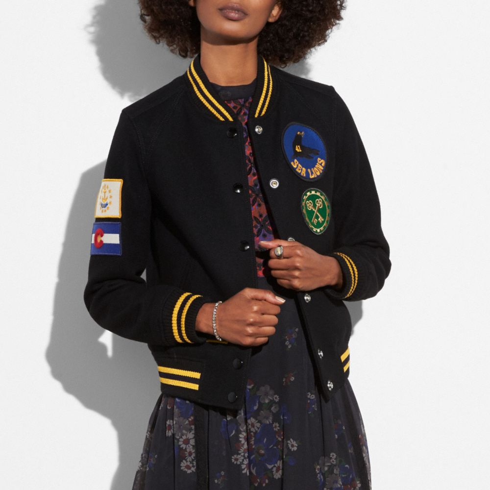COACH®,MILITARY PATCH VARSITY JACKET,wool,Black,Scale View