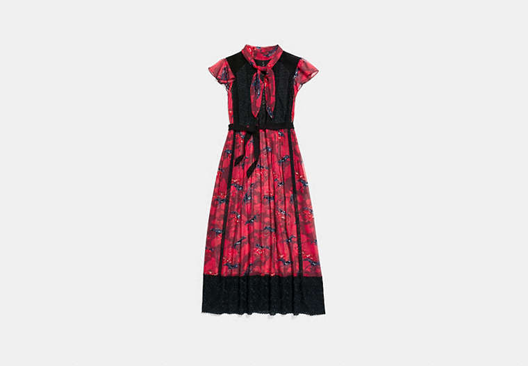 COACH®,HORSE PRINT LACEWORK DRESS WITH NECKTIE,Mixed Material,DARK RED,Front View