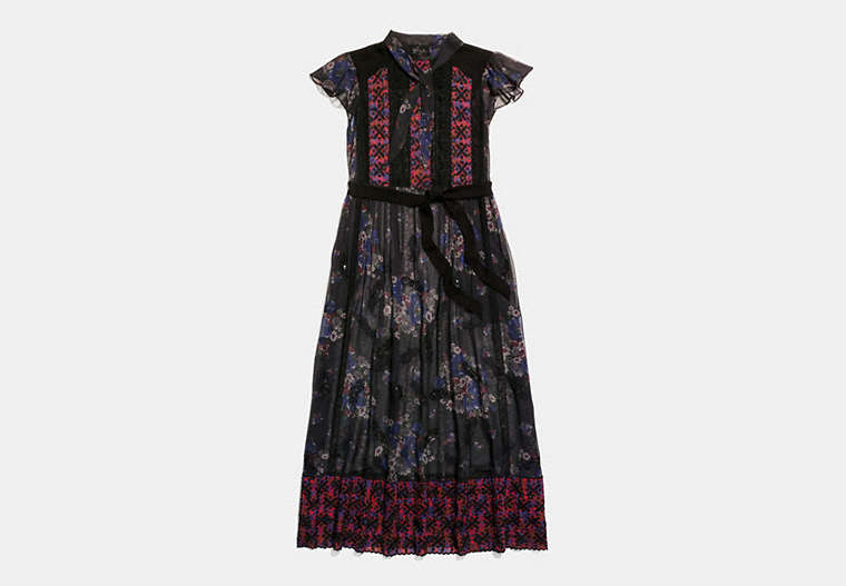 Mixed Print Lacework Dress With Necktie