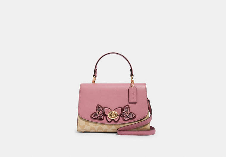 COACH®,TILLY TOP HANDLE IN SIGNATURE CANVAS WITH BUTTERFLY APPLIQUE,pvc,Gold/Lt Khaki/ Rose,Front View