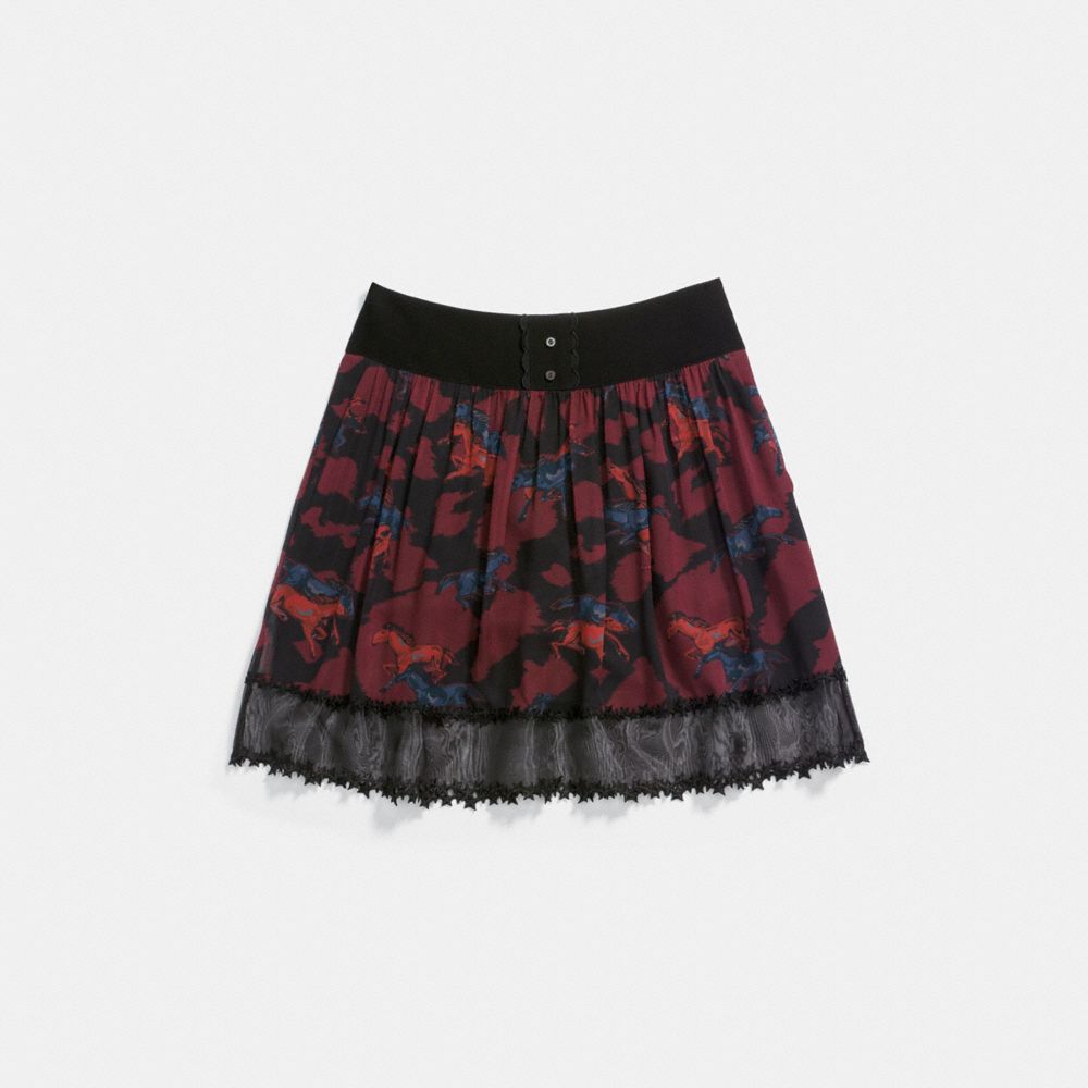 COACH®,HORSE PRINT TIERED SKIRT,Mixed Material,DARK RED,Front View