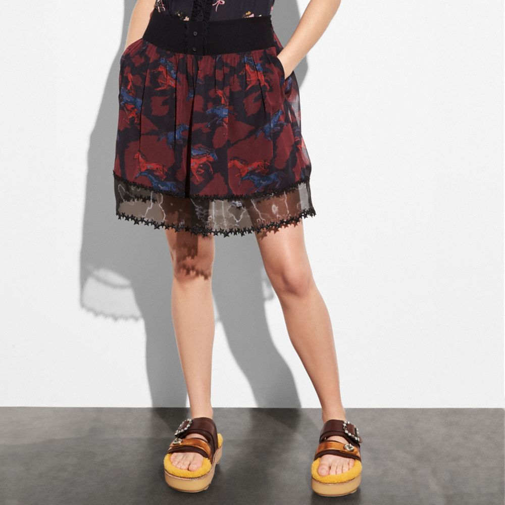 COACH®,HORSE PRINT TIERED SKIRT,Mixed Material,DARK RED,Scale View
