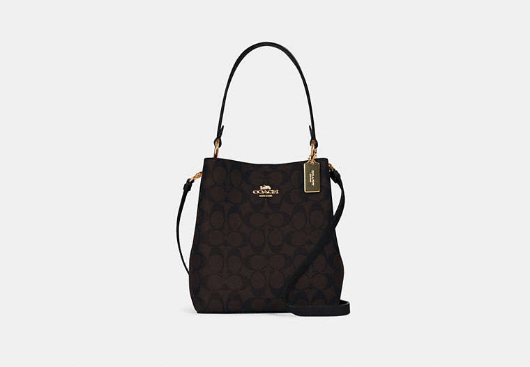 COACH®,SMALL TOWN BUCKET BAG IN SIGNATURE CANVAS,Leather,Medium,Gold/Brown Black,Front View