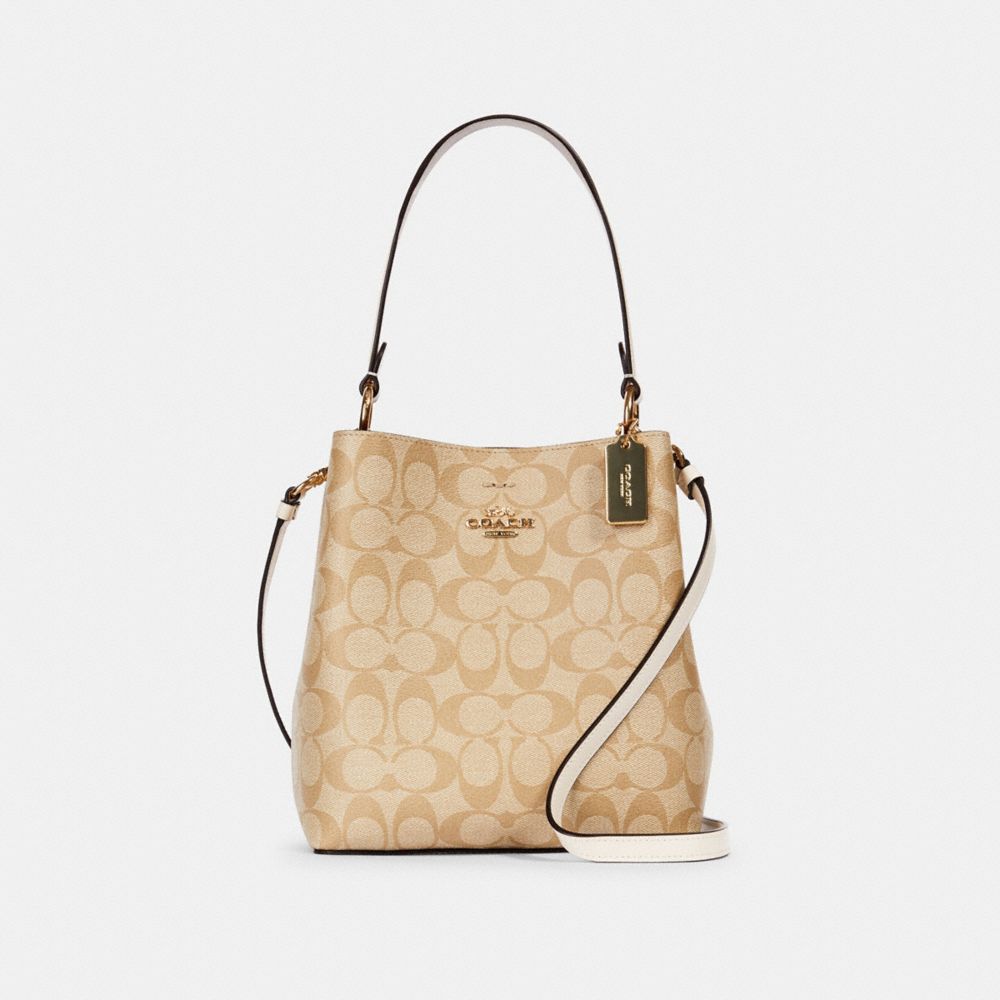 COACH®,SMALL TOWN BUCKET BAG IN SIGNATURE CANVAS,Medium,Gold/Light Khaki Chalk,Front View