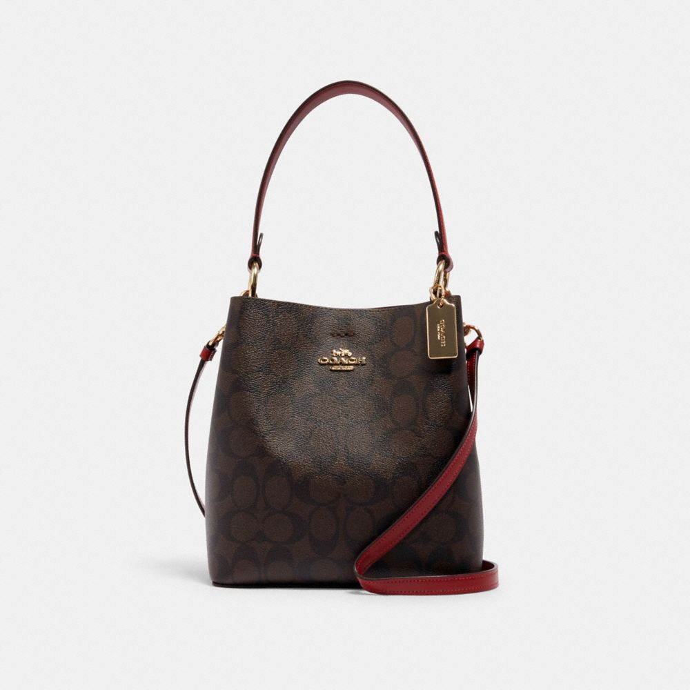 COACH®,SMALL TOWN BUCKET BAG IN SIGNATURE CANVAS,Signature Canvas,Medium,Gold/Brown 1941 Red,Front View