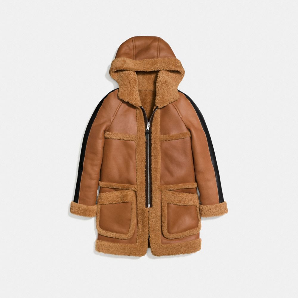 COACH®,REVERSIBLE SHEARLING PARKA,Shearling,TOFFEE,Front View