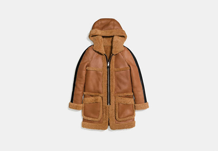 COACH®,REVERSIBLE SHEARLING PARKA,Shearling,TOFFEE,Front View