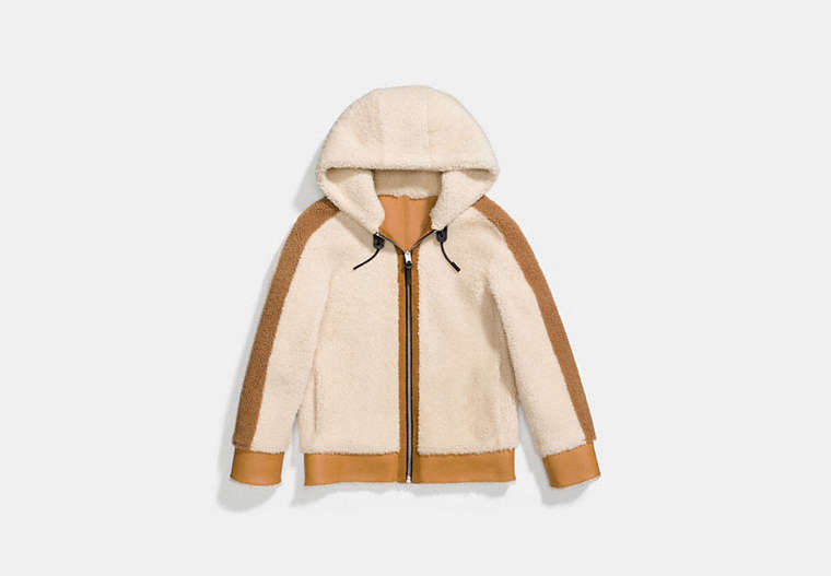 COACH®,REVERSIBLE SHEARLING HOODIE,Leather,TOFFEE,Front View