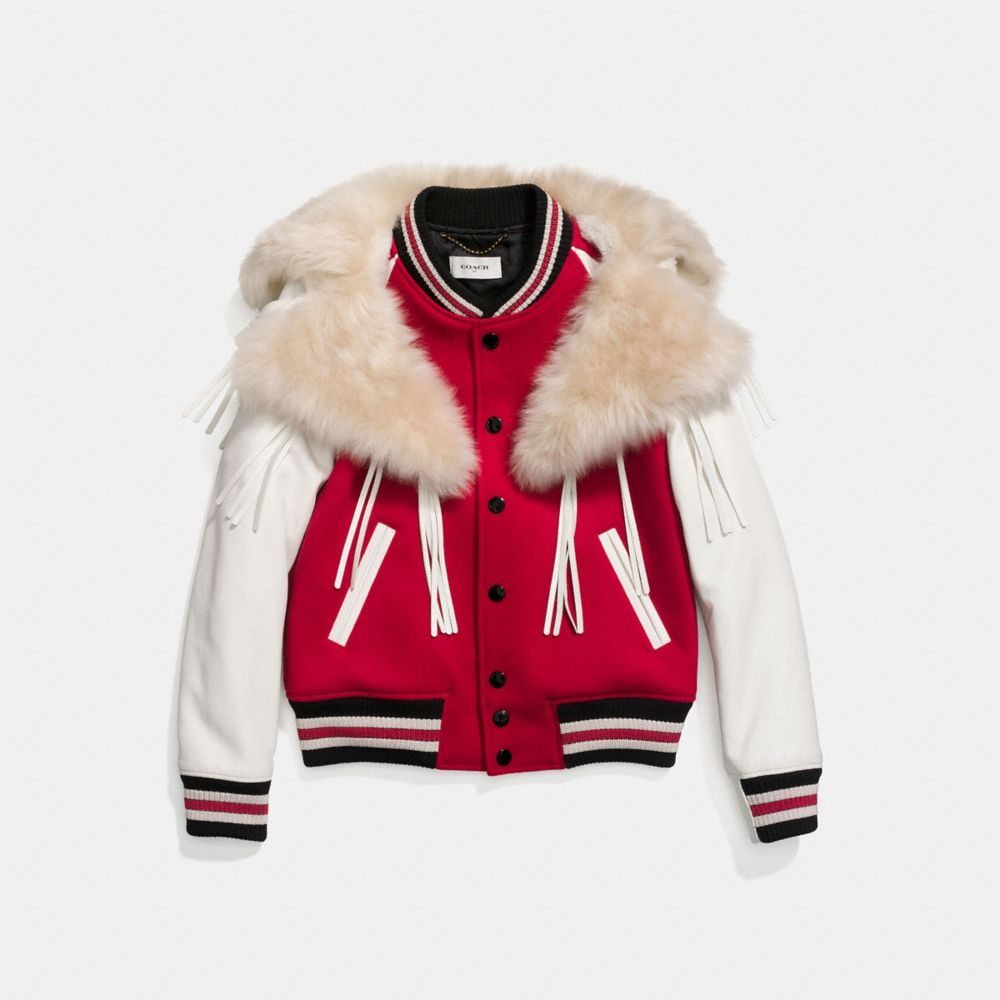 COACH®,VARSITY JACKET,Leather,Red.,Front View
