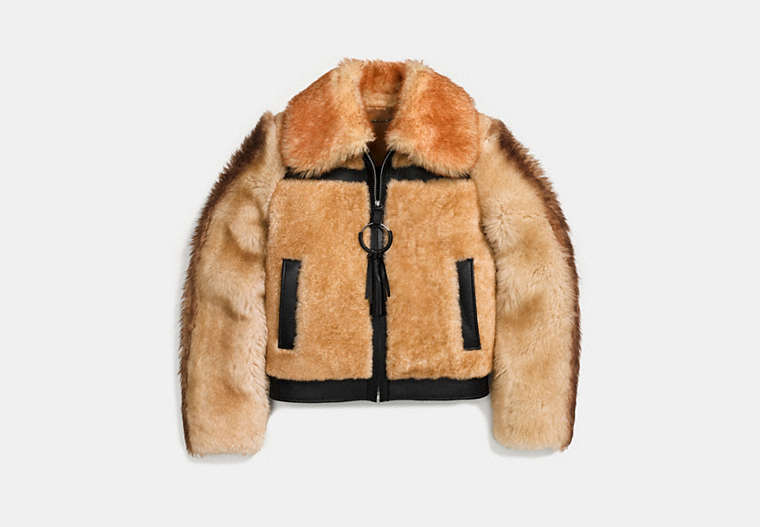 COACH®,PIECED SHEARLING BOMBER,Shearling,BAMBOO,Front View