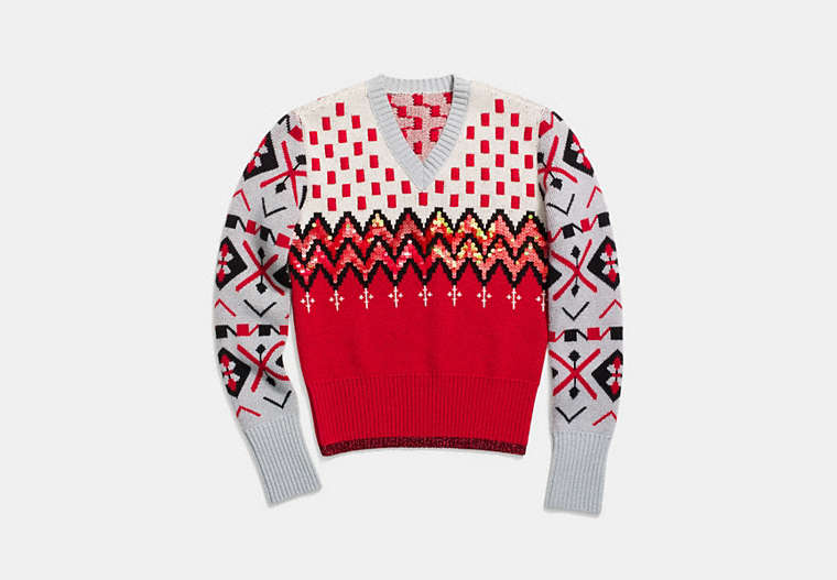 COACH®,JACQUARD V-NECK SWEATER,cashmere,RED/GREY,Front View image number 0