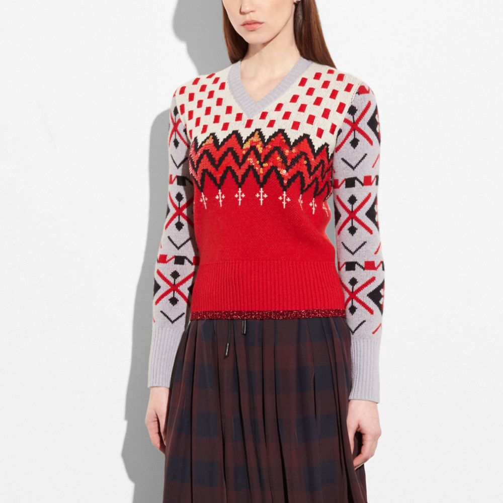 COACH®,Jacquard V Neck Sweater,,Scale View