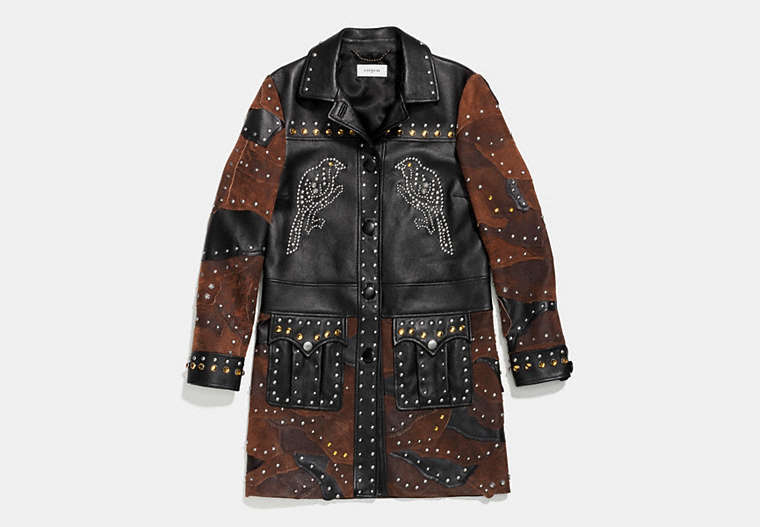 COACH®,PATCHWORK WESTERN RIVETS COAT,Leather,Black,Front View