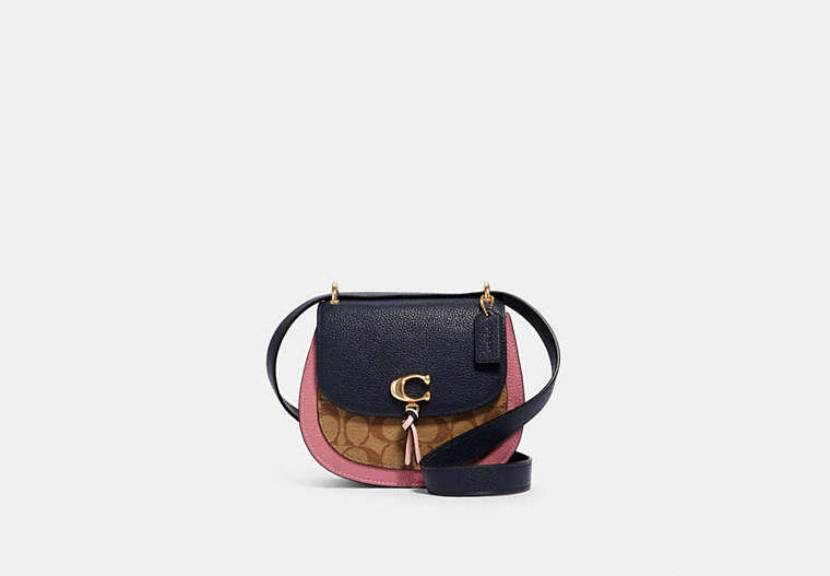 COACH®,REMI SADDLE BAG IN COLORBLOCK SIGNATURE CANVAS,Leather,Gold/Khaki/ Midnight Multi,Front View