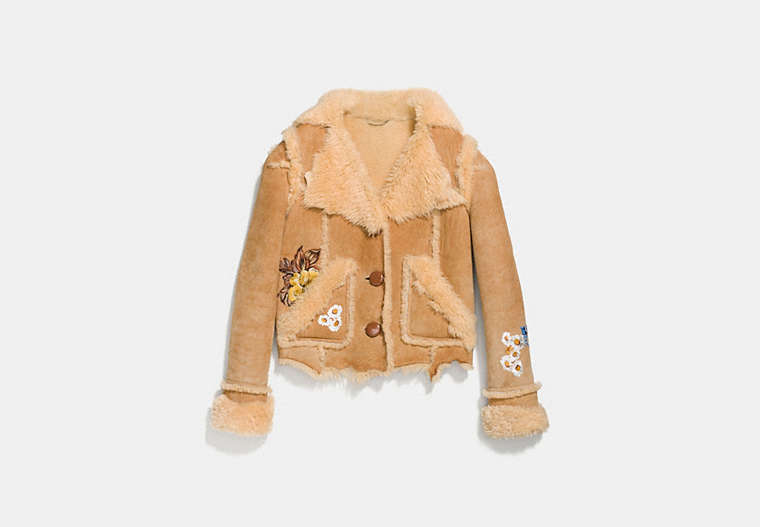 COACH®,EAGLE RAGGEDY SHEARLING JACKET,Shearling,TOFFEE,Front View