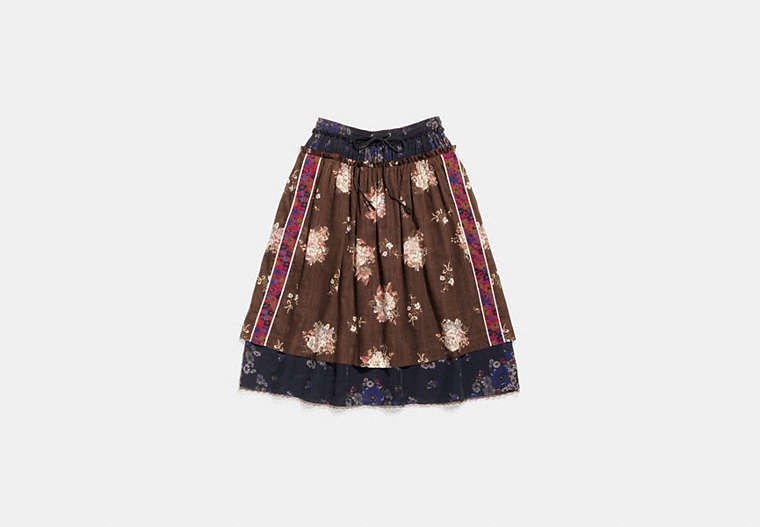 COACH®,MIXED PRINT LAYERED SKIRT,Mixed Material,BROWN MULTICOLOR,Front View