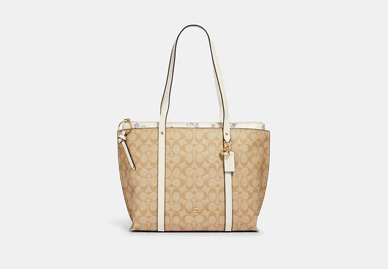 COACH®,MAY TOTE IN SIGNATURE CANVAS WITH DANDELION FLORAL PRINT,mixedmaterial,X-Large,Gold/Lt Khaki/ Chalk/ Blue Multi,Front View