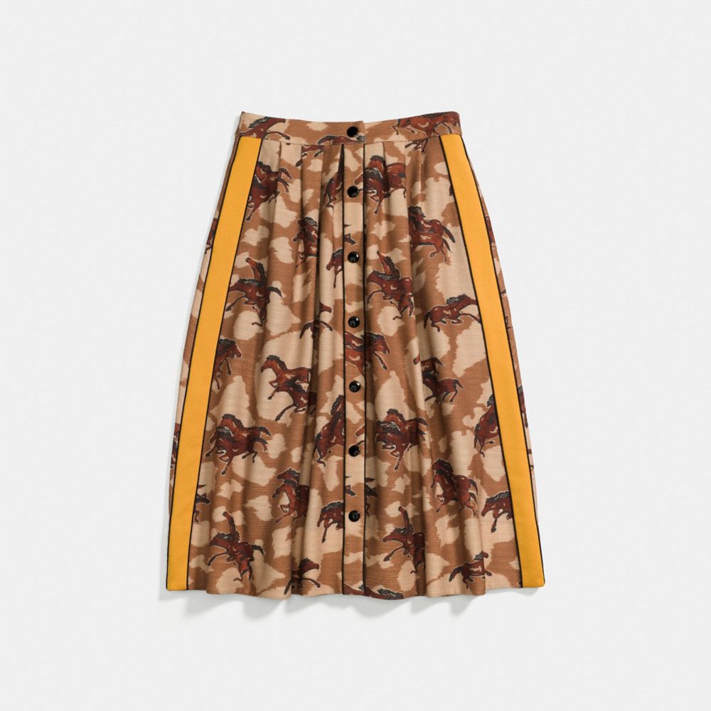 COACH®,HORSE PRINT PLEATED SKIRT WITH SIDE PANEL,Mixed Material,Brown,Front View image number 0