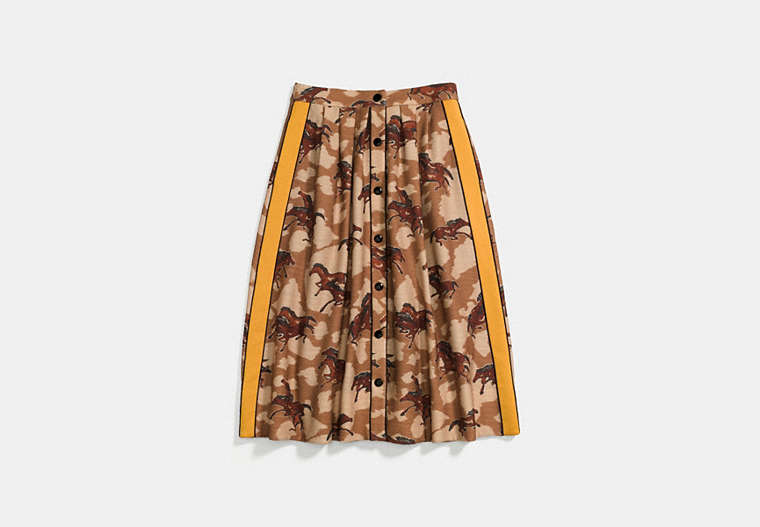 COACH®,HORSE PRINT PLEATED SKIRT WITH SIDE PANEL,Mixed Material,Brown,Front View