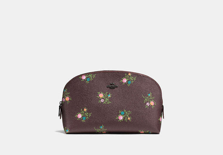 COACH®,COSMETIC CASE 22 WITH CROSS STITCH FLORAL PRINT,PU Split Leather,Dark Gunmetal/Oxblood Cross Stitch Floral,Front View