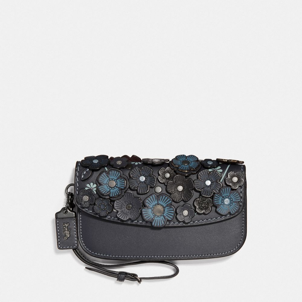 COACH®,CLUTCH WITH SMALL TEA ROSE,Leather,Brass/Midnight Navy,Front View image number 0