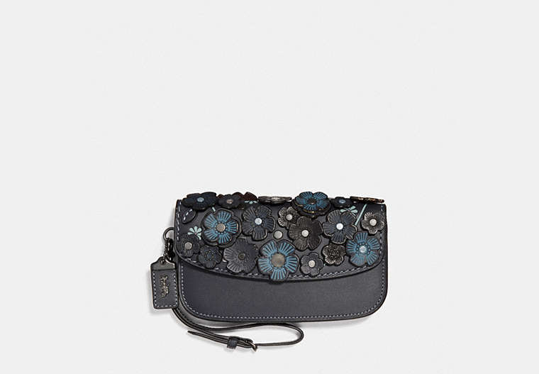 COACH®,CLUTCH WITH SMALL TEA ROSE,Leather,Brass/Midnight Navy,Front View