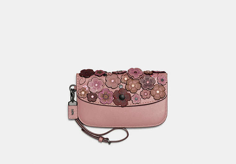 COACH®,CLUTCH WITH SMALL TEA ROSE,Leather,Black Copper/Dusty Rose,Front View