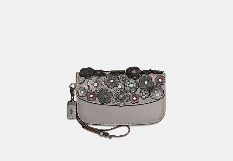 COACH®,CLUTCH WITH SMALL TEA ROSE,Leather,Black Copper/Heather Grey,Front View