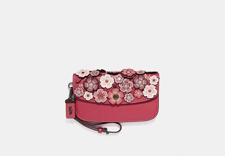 COACH®,CLUTCH WITH SMALL TEA ROSE,Leather,Black Copper/Washed Red,Front View
