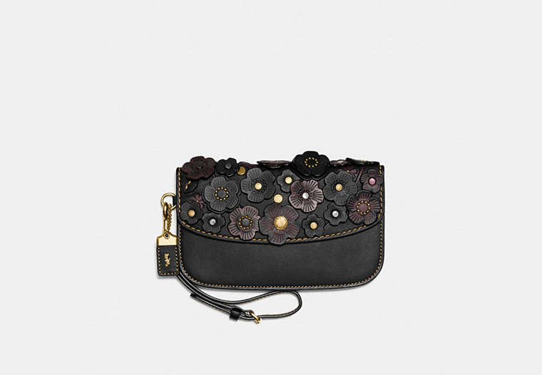 COACH®,CLUTCH WITH SMALL TEA ROSE,Leather,Brass/Black,Front View