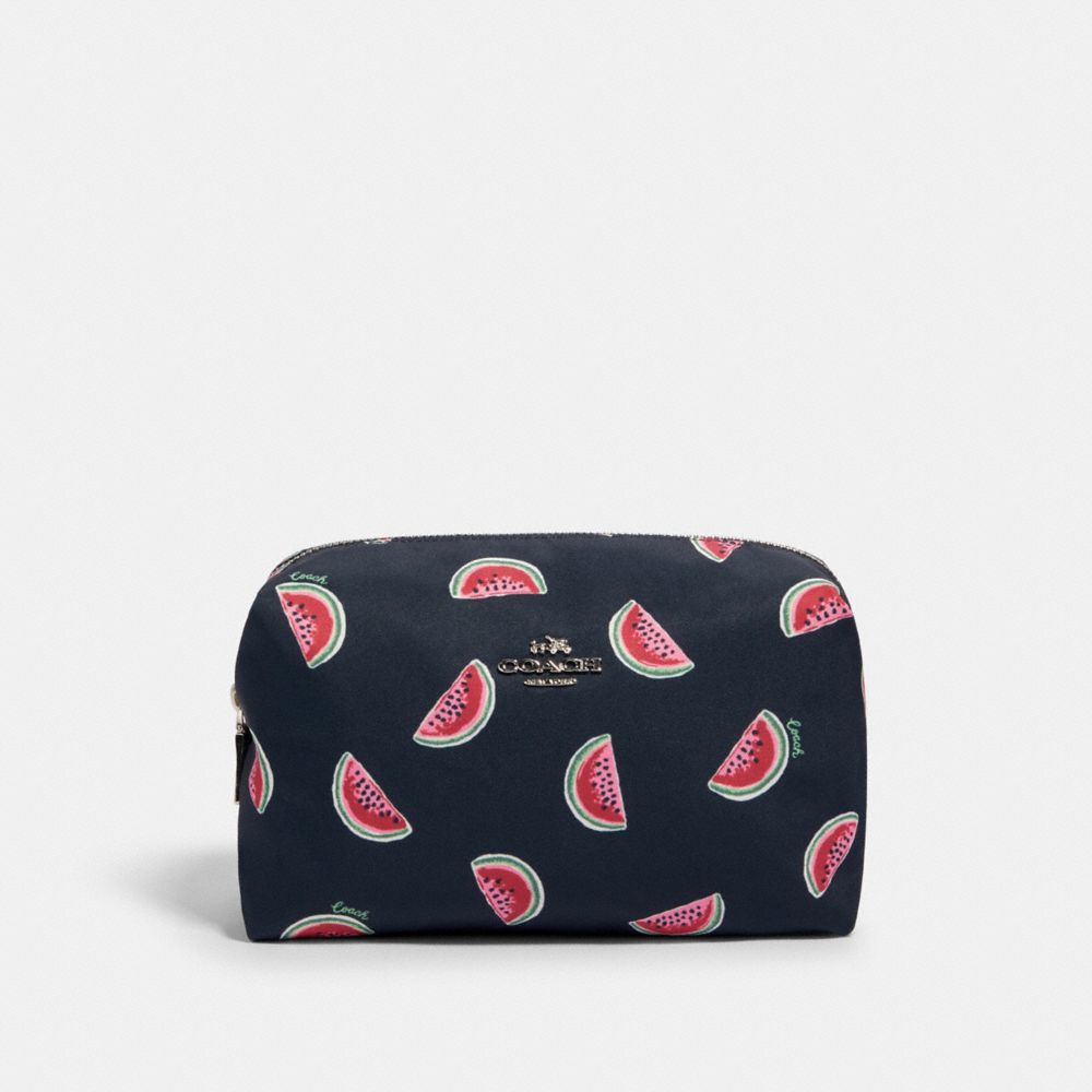 COACH®,LARGE BOXY COSMETIC CASE WITH WATERMELON PRINT,Nylon,Silver/Navy Red Multi,Front View