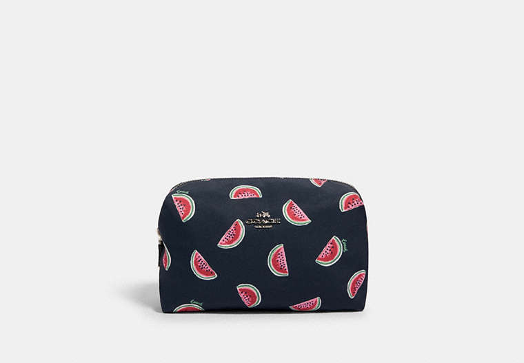 COACH®,LARGE BOXY COSMETIC CASE WITH WATERMELON PRINT,Nylon,Silver/Navy Red Multi,Front View