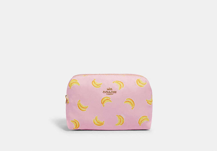 COACH®,LARGE BOXY COSMETIC CASE WITH BANANA PRINT,Gold/Pink/Yellow,Front View