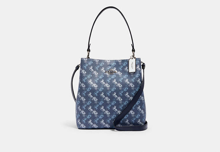 COACH®,TOWN BUCKET BAG WITH HORSE AND CARRIAGE PRINT,pvc,Medium,Silver/Indigo Pale Blue Multi,Front View