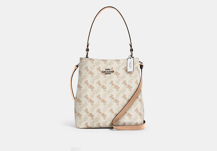 COACH®,TOWN BUCKET BAG WITH HORSE AND CARRIAGE PRINT,pvc,Medium,Silver/Cream Beige Multi,Front View
