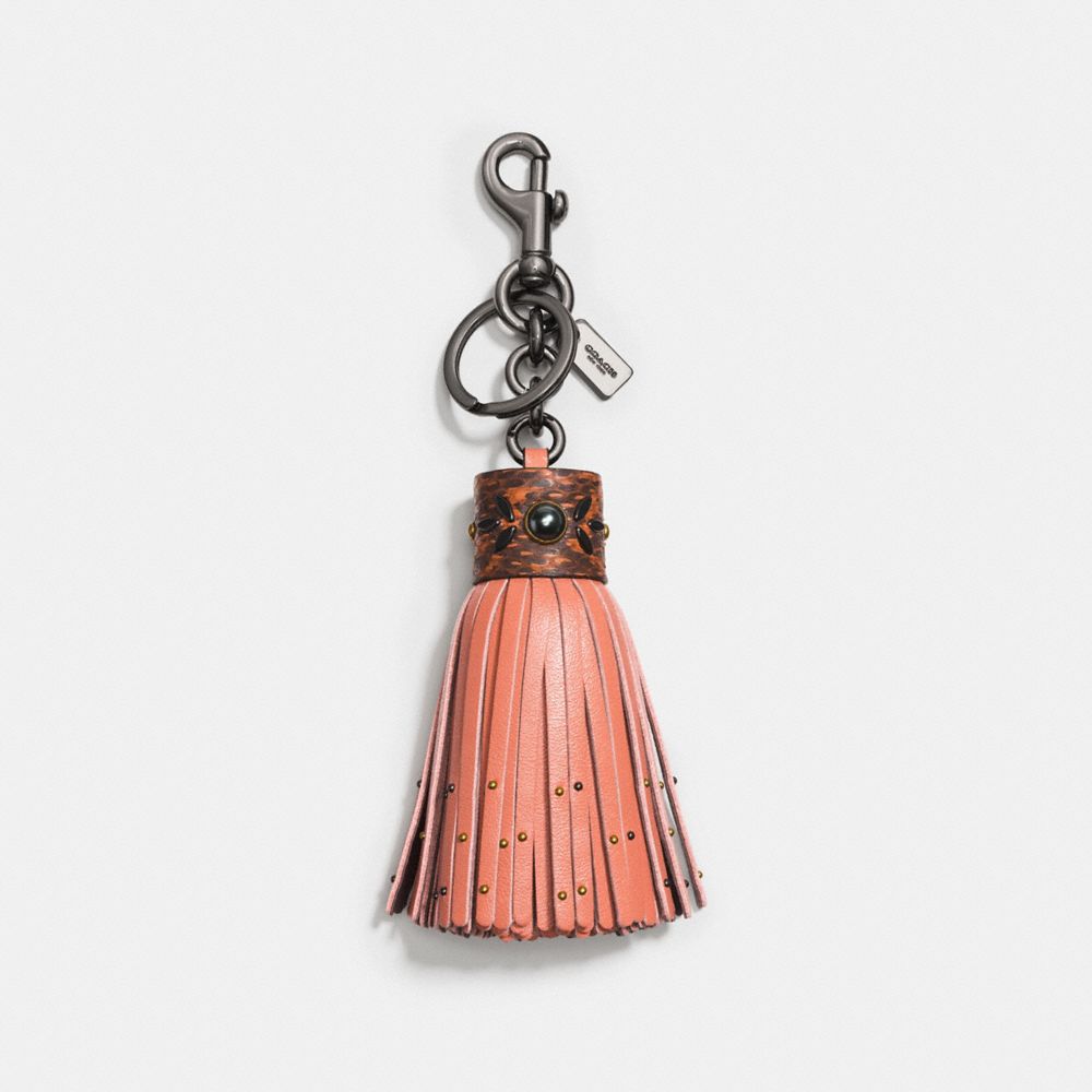 COACH®,SNAKESKIN TASSEL BAG CHARM,Leather,Black/Melon,Front View