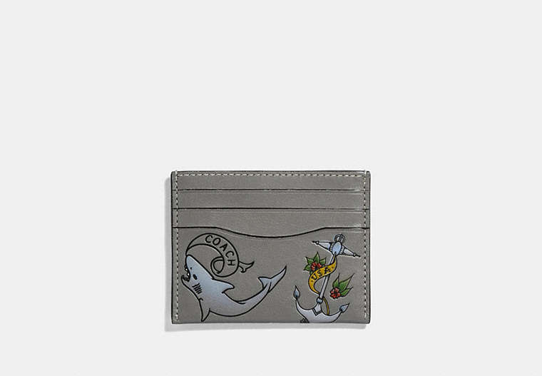 COACH®,CARD CASE WITH TATTOO,Leather,HEATHER GREY,Front View