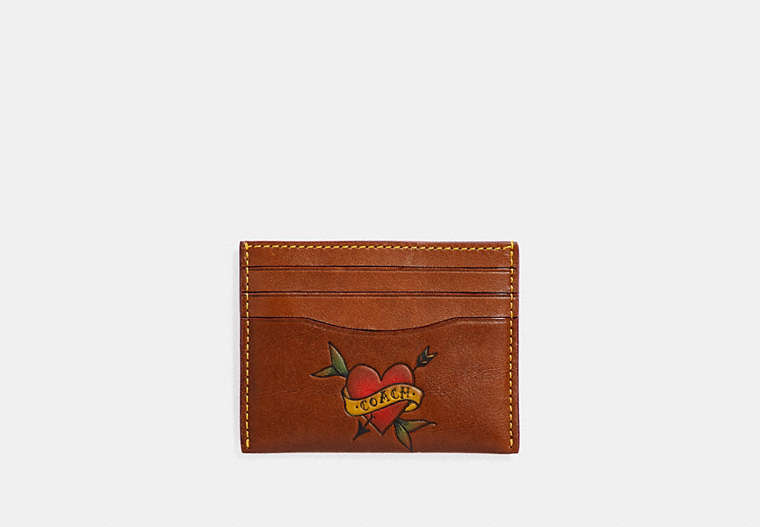 COACH®,CARD CASE WITH TATTOO,Leather,Saddle,Front View