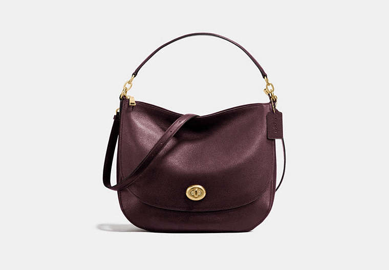 COACH®,TURNLOCK HOBO,Leather,Large,GD/Burgundy,Front View
