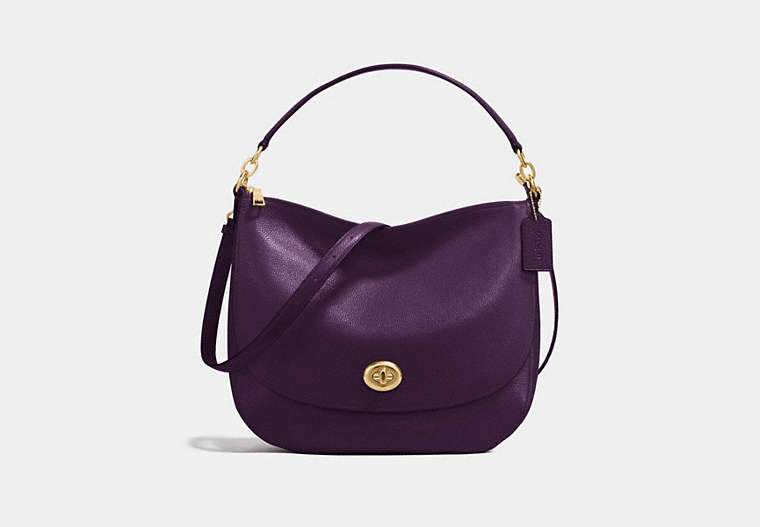 COACH®,TURNLOCK HOBO,Leather,Large,Aubergine/Light Gold,Front View