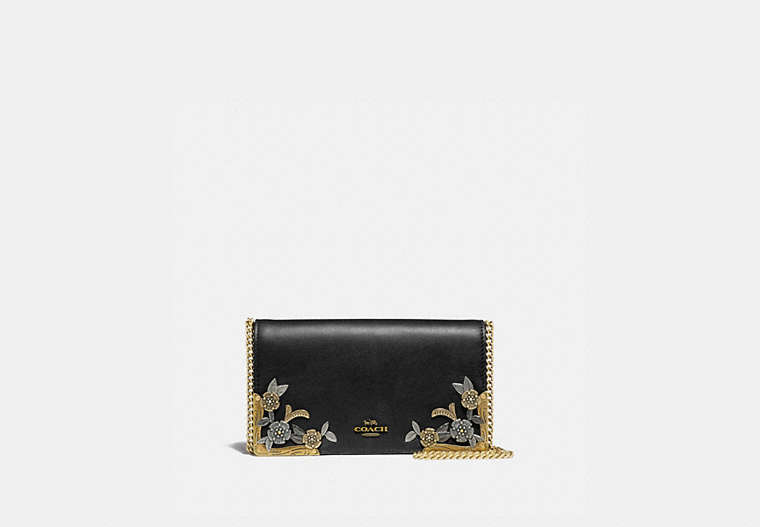 COACH®,CALLIE FOLDOVER CHAIN CLUTCH WITH METAL TEA ROSE,Leather,Mini,Brass/Black,Front View image number 0