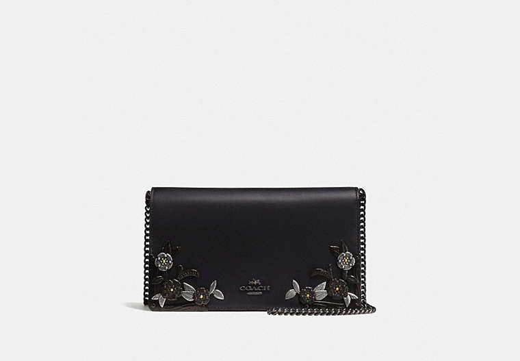 COACH®,CALLIE FOLDOVER CHAIN CLUTCH WITH METAL TEA ROSE,Leather,Mini,Black Copper/Black,Front View