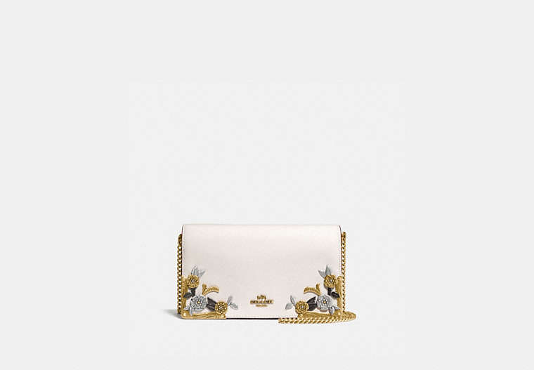 COACH®,CALLIE FOLDOVER CHAIN CLUTCH WITH METAL TEA ROSE,Leather,Mini,Brass/Chalk,Front View